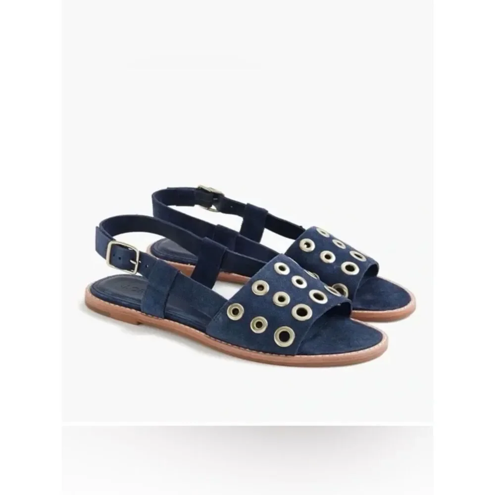 J. Crew Blue Suede Leather Gold Grommet Slingback Nautical Flat Sandals